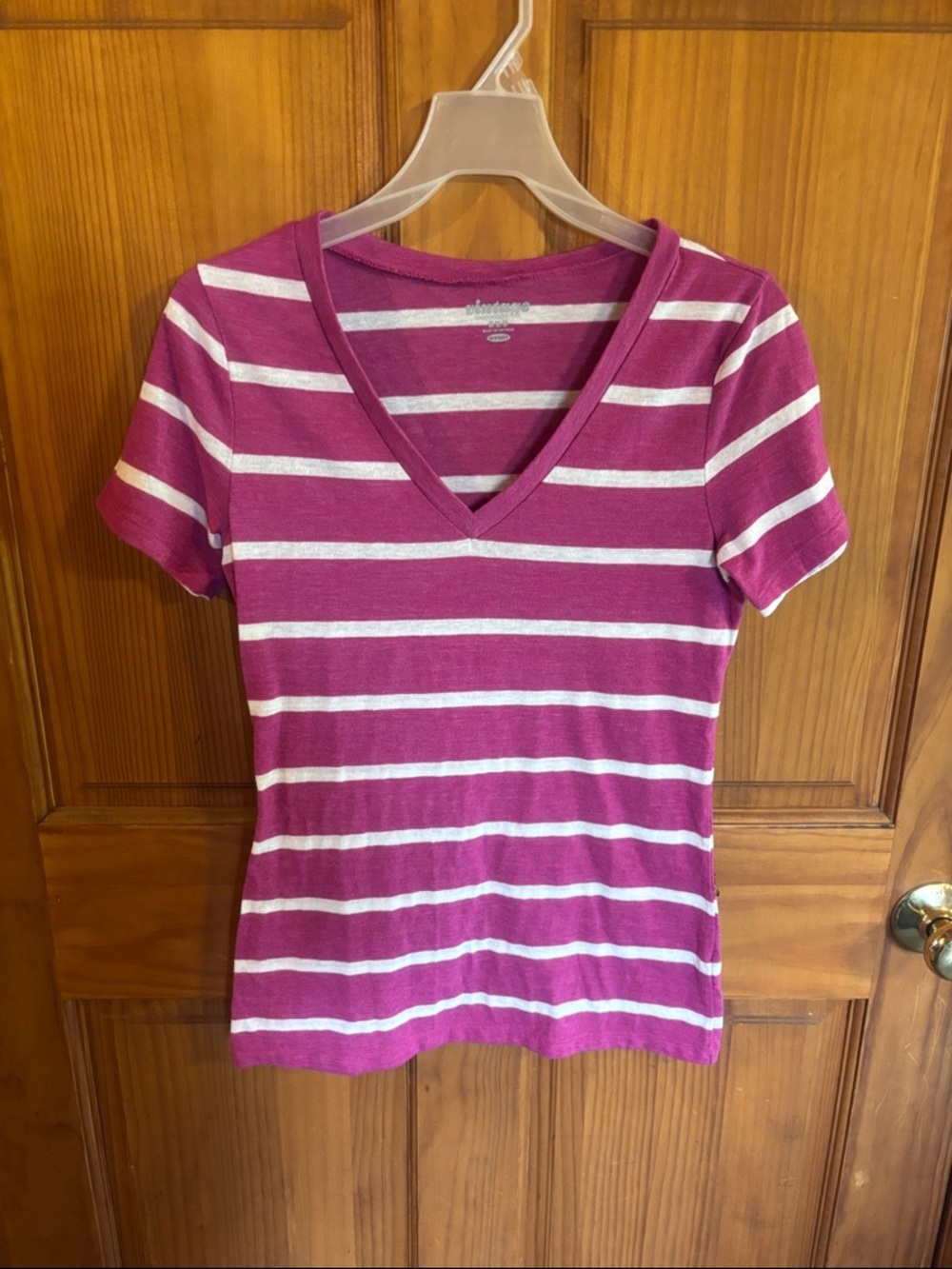 Old Navy Women's Magenta & White Striped V-Neck Tee